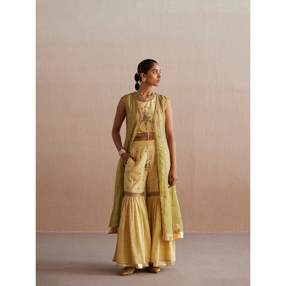 WeaverStory Zehenaseeb Off White Cotton Tissue Crop Top with Gharara and Cape (Set of 3)