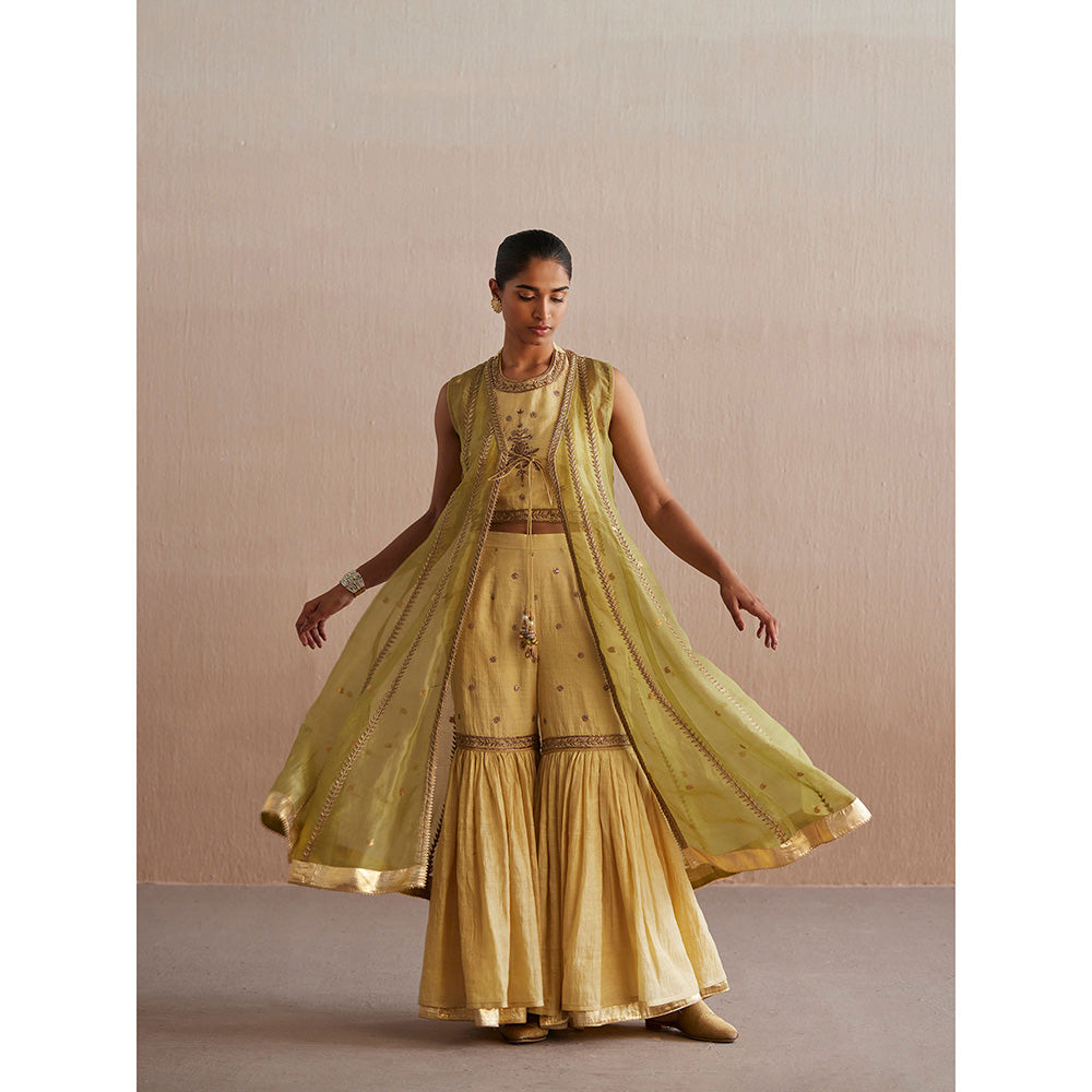 WeaverStory Zehenaseeb Off White Cotton Tissue Crop Top with Gharara and Cape (Set of 3)