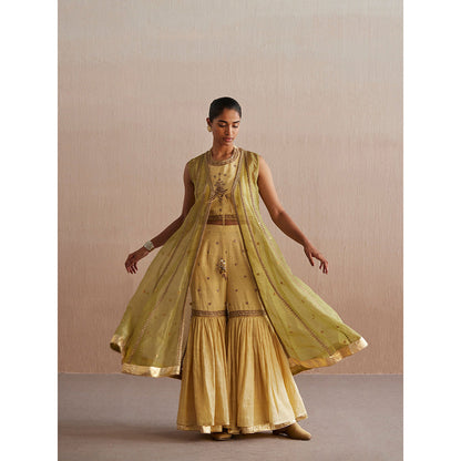 WeaverStory Zehenaseeb Off White Cotton Tissue Crop Top with Gharara and Cape (Set of 3)