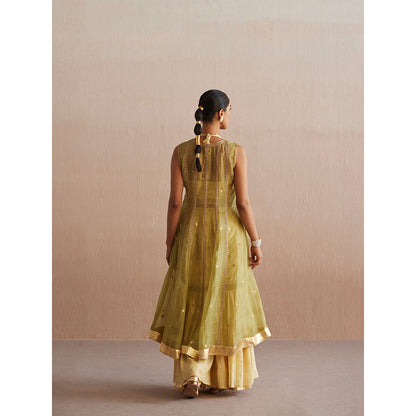 WeaverStory Zehenaseeb Off White Cotton Tissue Crop Top with Gharara and Cape (Set of 3)