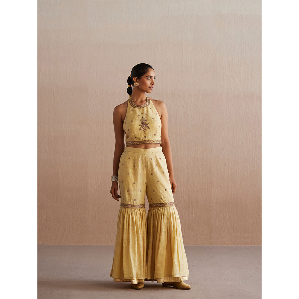 WeaverStory Zehenaseeb Off White Cotton Tissue Crop Top with Gharara and Cape (Set of 3)