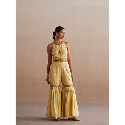 WeaverStory Zehenaseeb Off White Cotton Tissue Crop Top with Gharara and Cape (Set of 3)