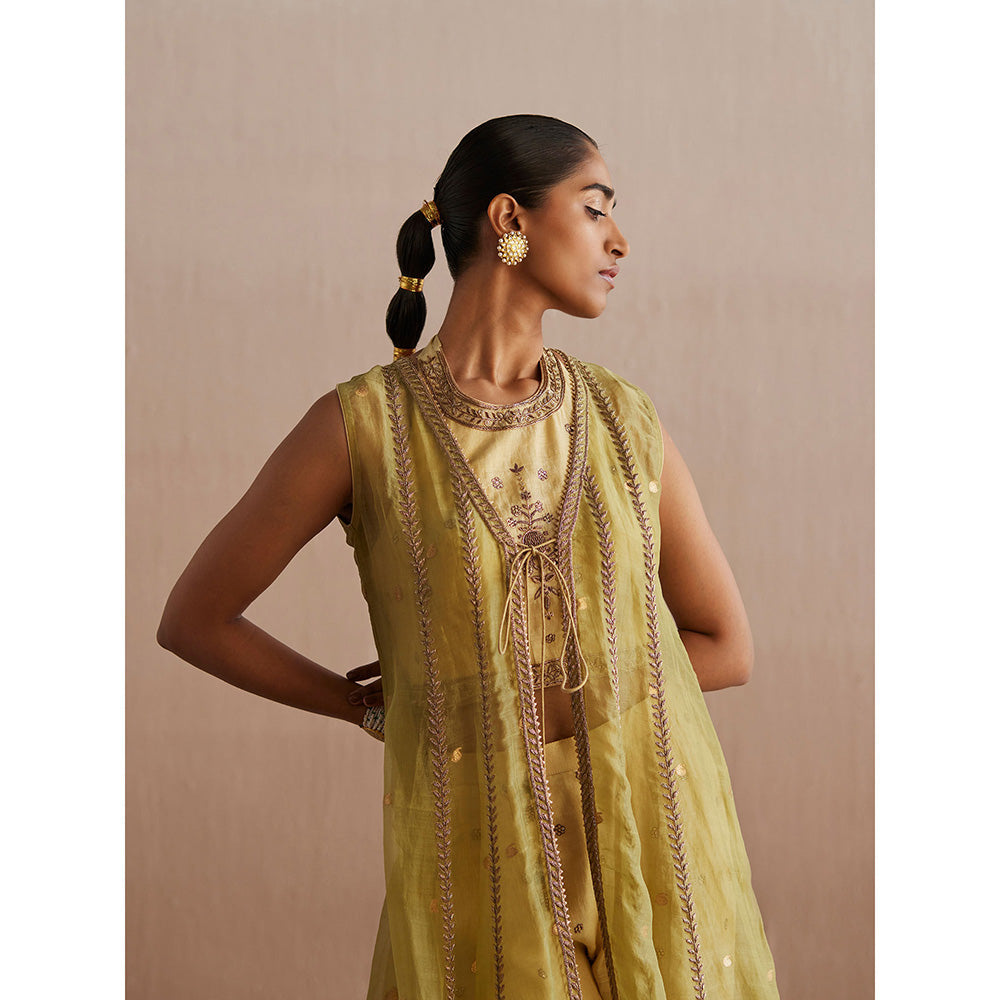 WeaverStory Zehenaseeb Off White Cotton Tissue Crop Top with Gharara and Cape (Set of 3)