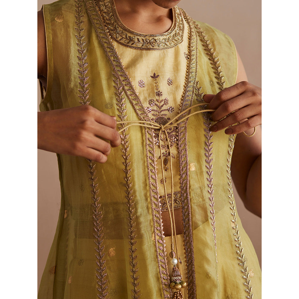 WeaverStory Zehenaseeb Off White Cotton Tissue Crop Top with Gharara and Cape (Set of 3)