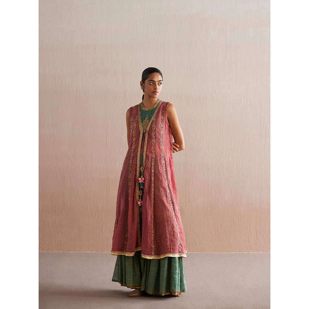 WeaverStory Zehenaseeb Sea Green Cotton Tissue Crop Top with Gharara and Cape (Set of 3)