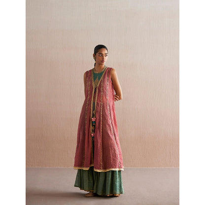 WeaverStory Zehenaseeb Sea Green Cotton Tissue Crop Top with Gharara and Cape (Set of 3)