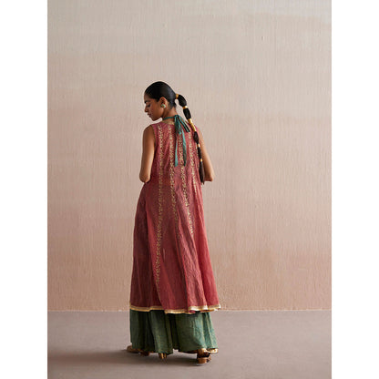 WeaverStory Zehenaseeb Sea Green Cotton Tissue Crop Top with Gharara and Cape (Set of 3)