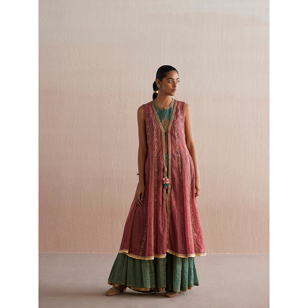 WeaverStory Zehenaseeb Sea Green Cotton Tissue Crop Top with Gharara and Cape (Set of 3)