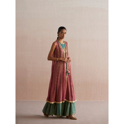 WeaverStory Zehenaseeb Sea Green Cotton Tissue Crop Top with Gharara and Cape (Set of 3)