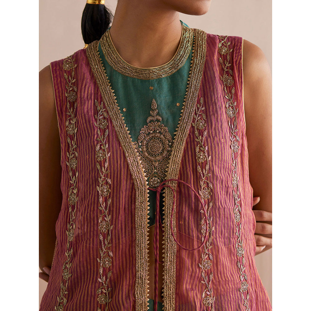 WeaverStory Zehenaseeb Sea Green Cotton Tissue Crop Top with Gharara and Cape (Set of 3)