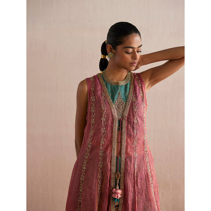 WeaverStory Zehenaseeb Sea Green Cotton Tissue Crop Top with Gharara and Cape (Set of 3)