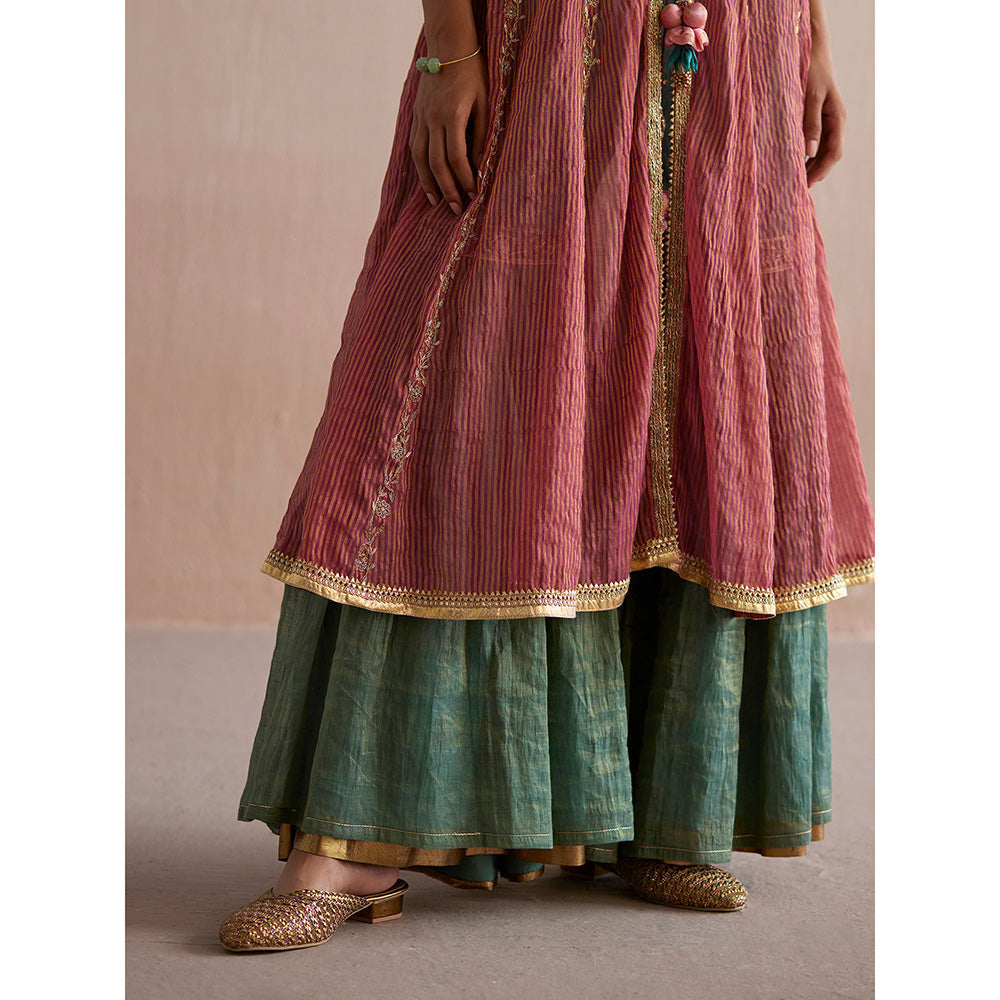 WeaverStory Zehenaseeb Sea Green Cotton Tissue Crop Top with Gharara and Cape (Set of 3)