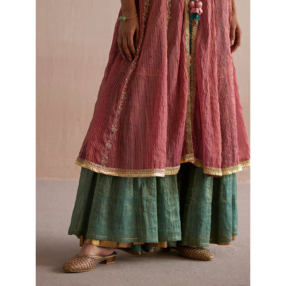 WeaverStory Zehenaseeb Sea Green Cotton Tissue Crop Top with Gharara and Cape (Set of 3)