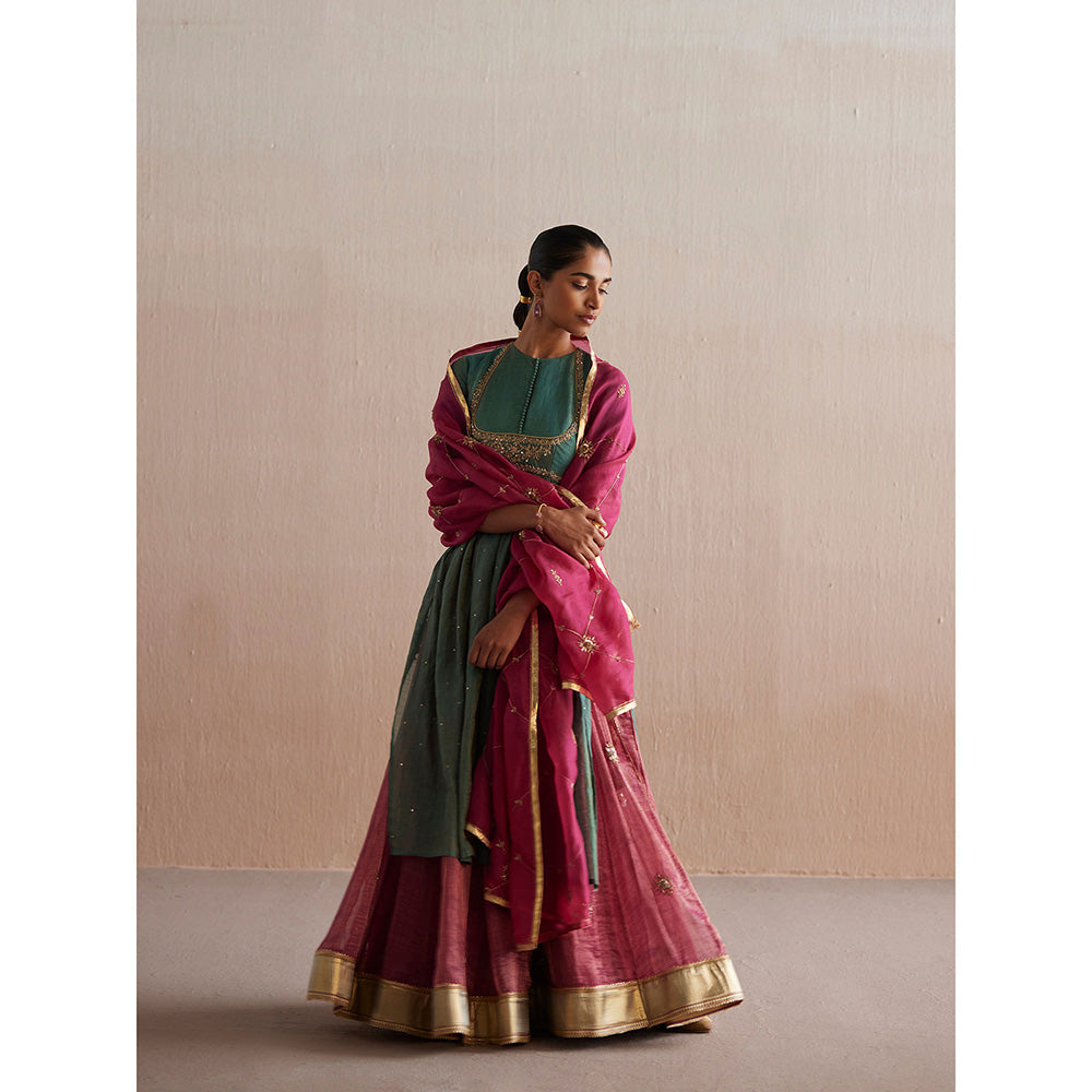 WeaverStory Inayaat Sea Green Kurta with Rani Pink Skirt and Organza Dupatta (Set of 3)