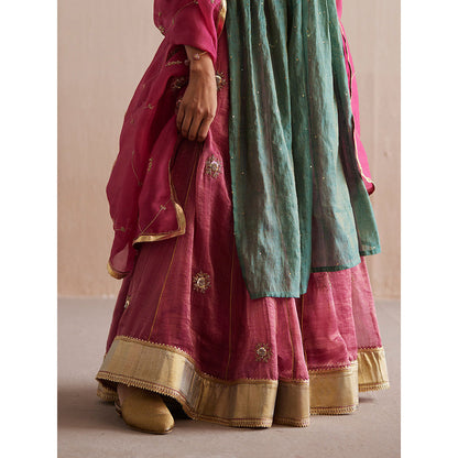 WeaverStory Inayaat Sea Green Kurta with Rani Pink Skirt and Organza Dupatta (Set of 3)