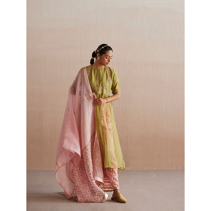 WeaverStory Inaayat Chartreuse Green Cotton Tissue Kurta with Palazzo and Dupatta (Set of 3)