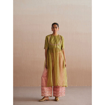 WeaverStory Inaayat Chartreuse Green Cotton Tissue Kurta with Palazzo and Dupatta (Set of 3)