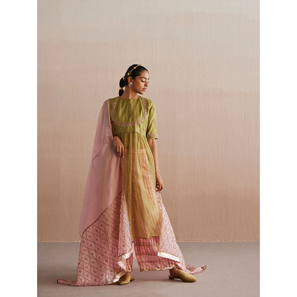 WeaverStory Inaayat Chartreuse Green Cotton Tissue Kurta with Palazzo and Dupatta (Set of 3)