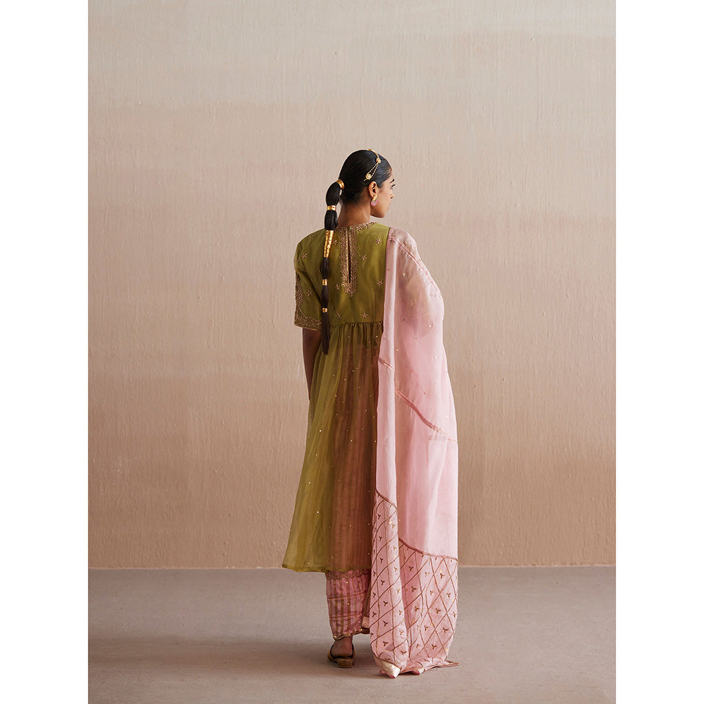 WeaverStory Inaayat Chartreuse Green Cotton Tissue Kurta with Palazzo and Dupatta (Set of 3)