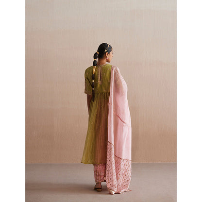 WeaverStory Inaayat Chartreuse Green Cotton Tissue Kurta with Palazzo and Dupatta (Set of 3)