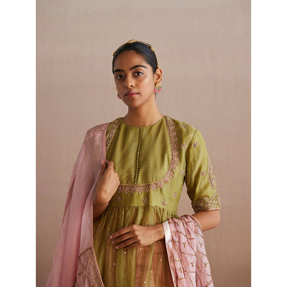 WeaverStory Inaayat Chartreuse Green Cotton Tissue Kurta with Palazzo and Dupatta (Set of 3)