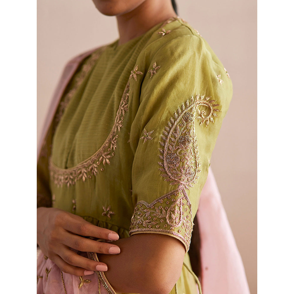 WeaverStory Inaayat Chartreuse Green Cotton Tissue Kurta with Palazzo and Dupatta (Set of 3)