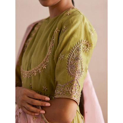 WeaverStory Inaayat Chartreuse Green Cotton Tissue Kurta with Palazzo and Dupatta (Set of 3)