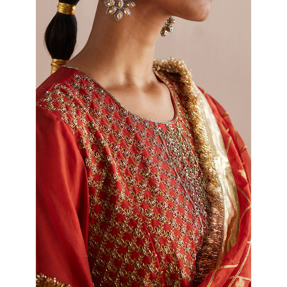 WeaverStory Noor Rust Orange Organza Kurta with Tissue Pant and Dupatta (Set of 3)