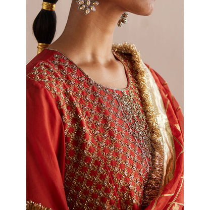 WeaverStory Noor Rust Orange Organza Kurta with Tissue Pant and Dupatta (Set of 3)