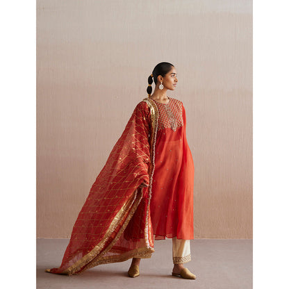 WeaverStory Noor Rust Orange Organza Kurta with Tissue Pant and Dupatta (Set of 3)