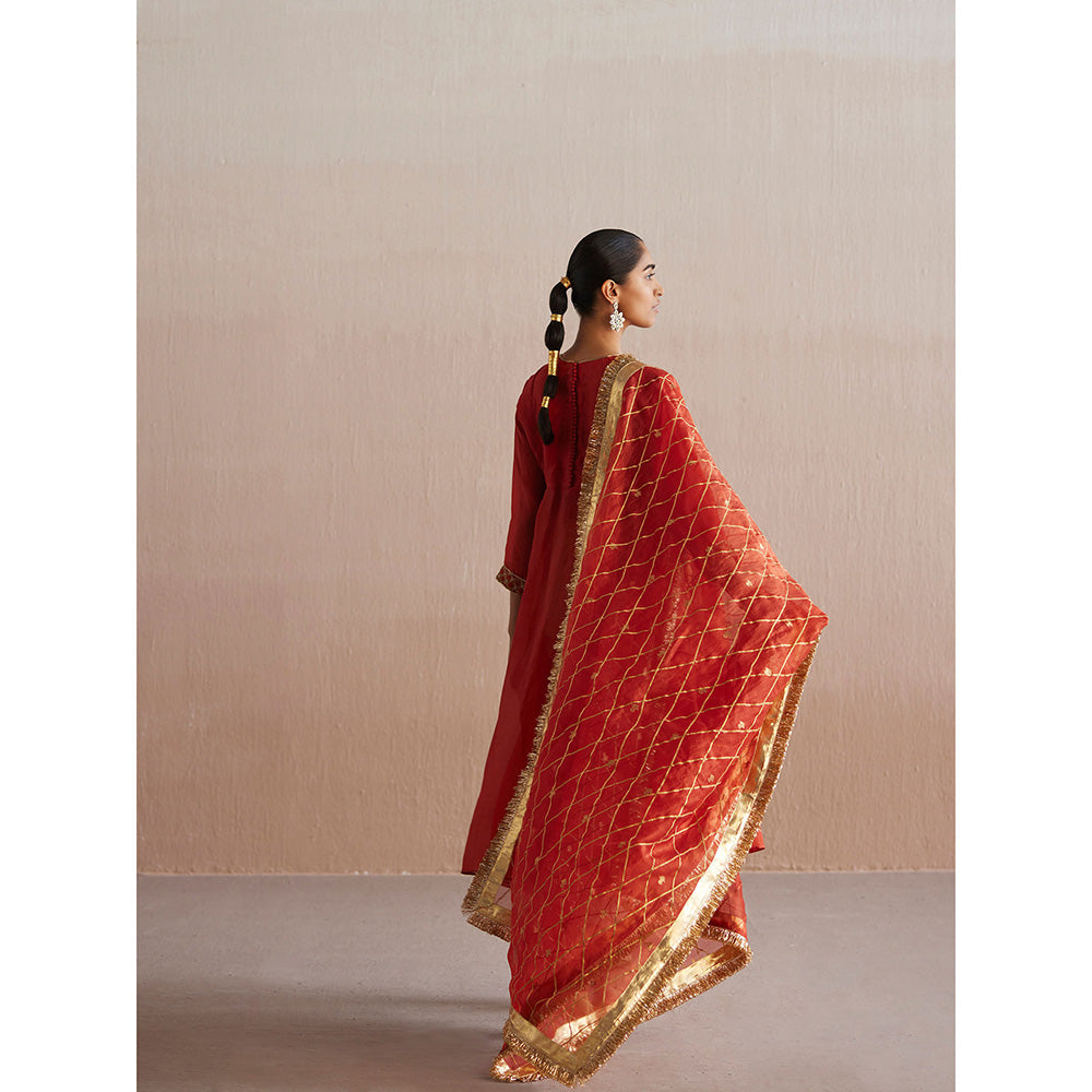 WeaverStory Noor Rust Orange Organza Kurta with Tissue Pant and Dupatta (Set of 3)