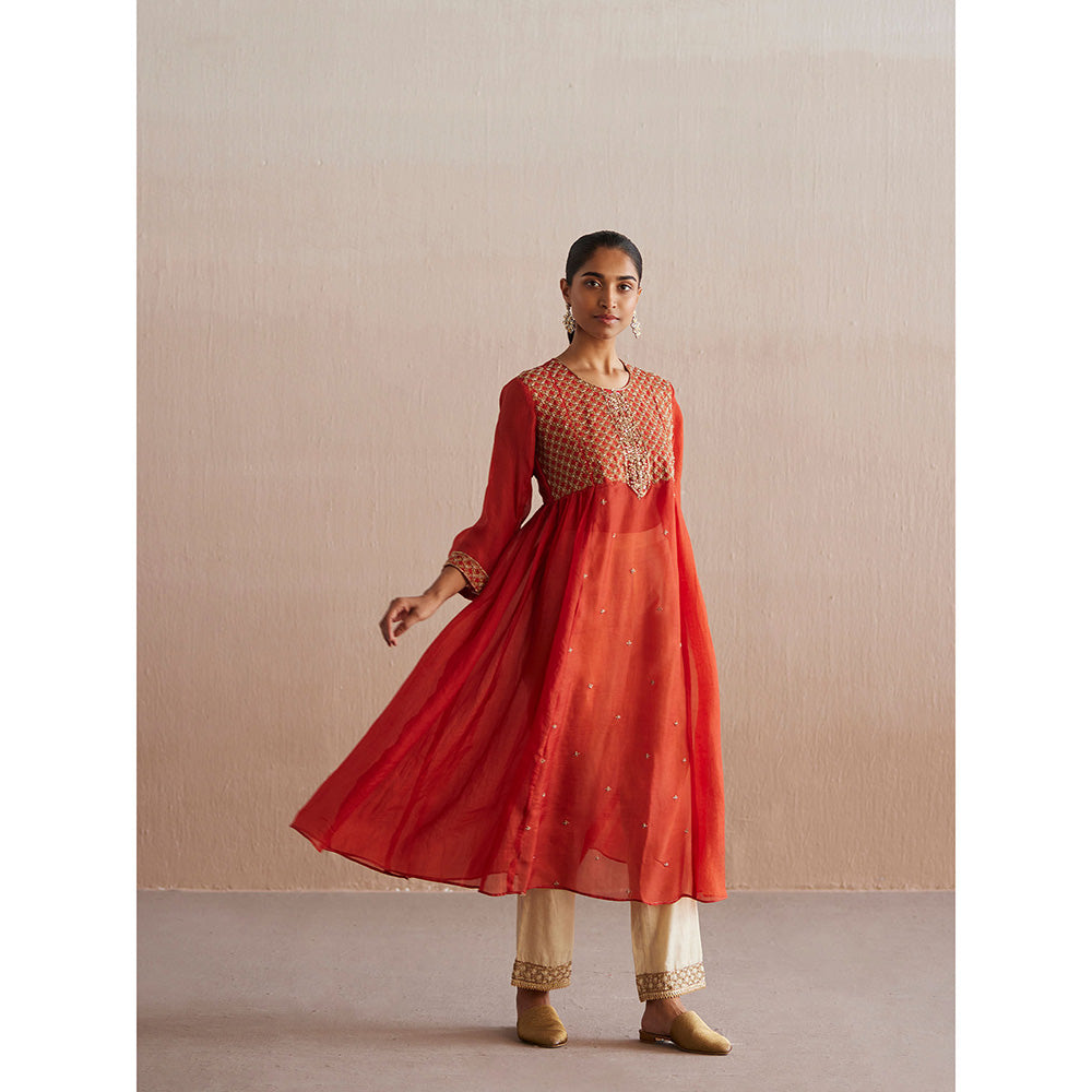 WeaverStory Noor Rust Orange Organza Kurta with Cotton Tissue Pant (Set of 2)