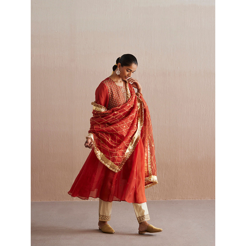 WeaverStory Noor Rust Orange Organza Kurta with Cotton Tissue Pant (Set of 2)