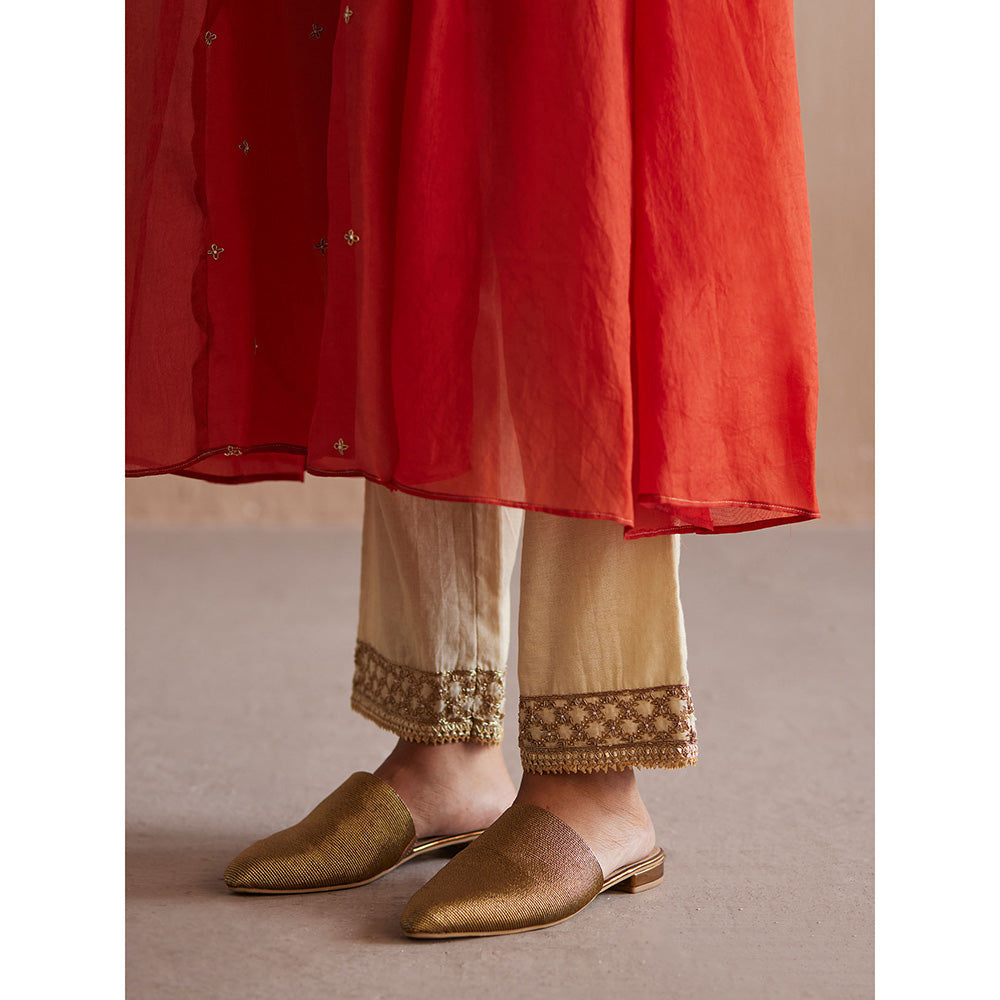 WeaverStory Noor Rust Orange Organza Kurta with Cotton Tissue Pant (Set of 2)