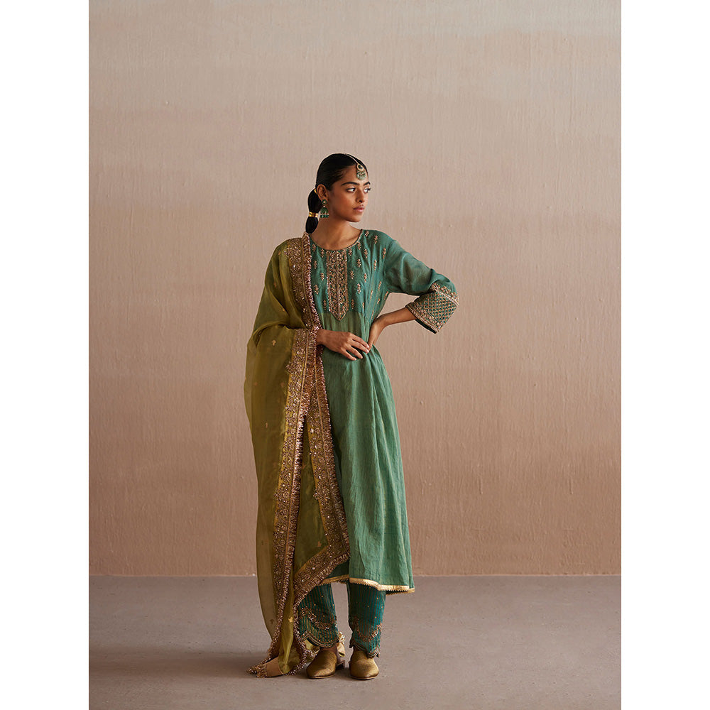 WeaverStory Noor Sea Green Cotton Tissue Kurta with Pant and Organza Dupatta (Set of 3)
