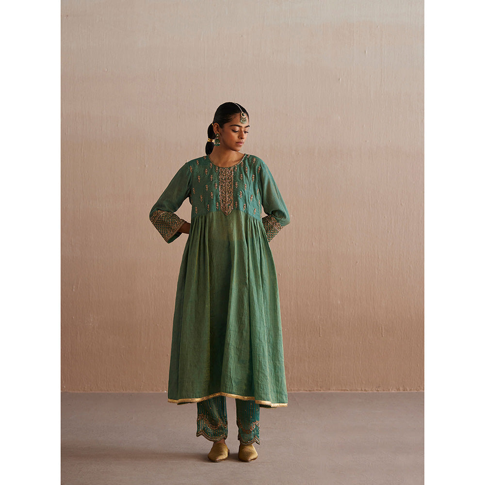 WeaverStory Noor Sea Green Cotton Tissue Kurta with Pant and Organza Dupatta (Set of 3)