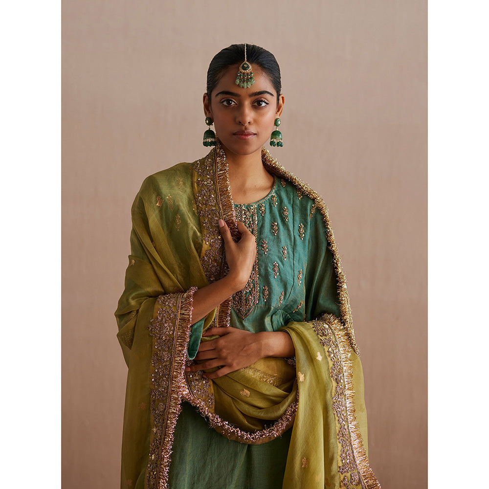 WeaverStory Noor Sea Green Cotton Tissue Kurta with Pant and Organza Dupatta (Set of 3)