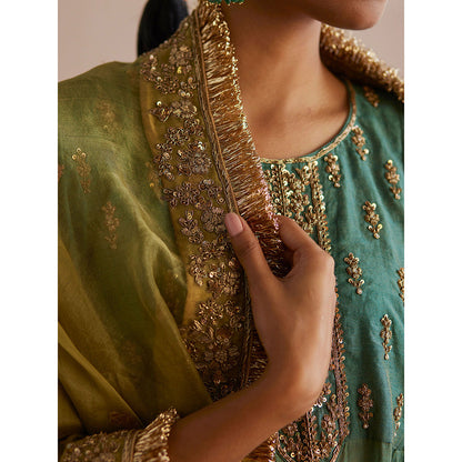 WeaverStory Noor Sea Green Cotton Tissue Kurta with Pant and Organza Dupatta (Set of 3)