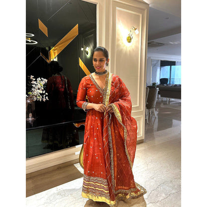 WeaverStory Nayaab Rust Orange Organza Angarkha with Tissue Pant and Dupatta (Set of 3)