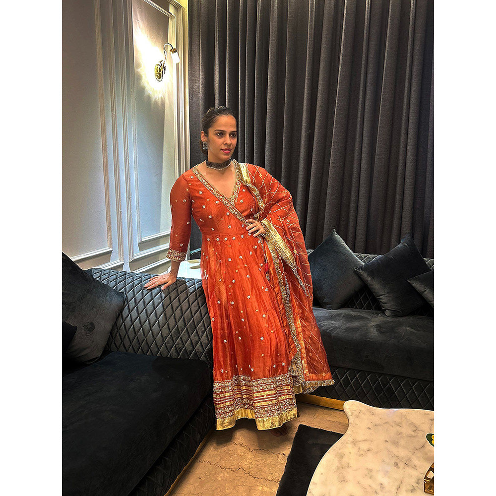 WeaverStory Nayaab Rust Orange Organza Angarkha with Tissue Pant and Dupatta (Set of 3)