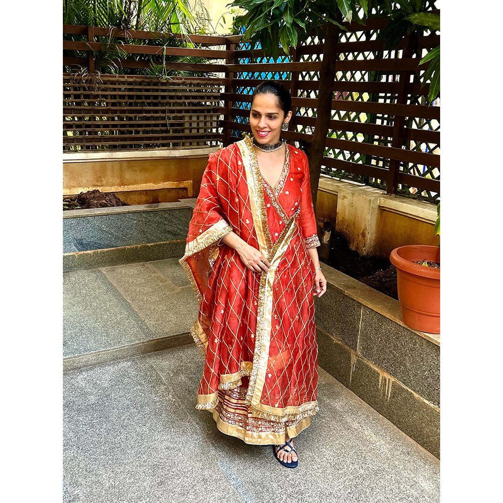 WeaverStory Nayaab Rust Orange Organza Angarkha with Tissue Pant and Dupatta (Set of 3)