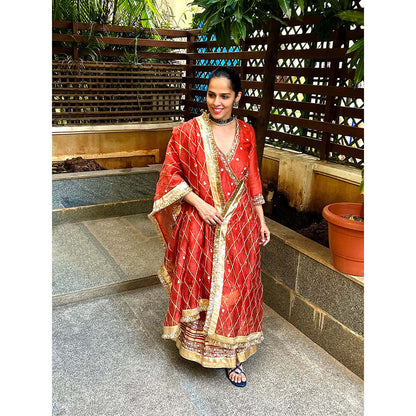 WeaverStory Nayaab Rust Orange Organza Angarkha with Tissue Pant and Dupatta (Set of 3)