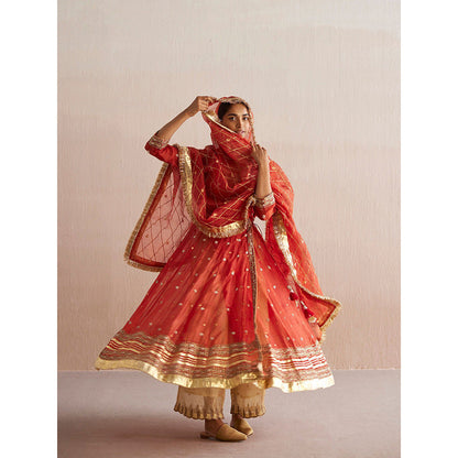 WeaverStory Nayaab Rust Orange Organza Angarkha with Tissue Pant and Dupatta (Set of 3)