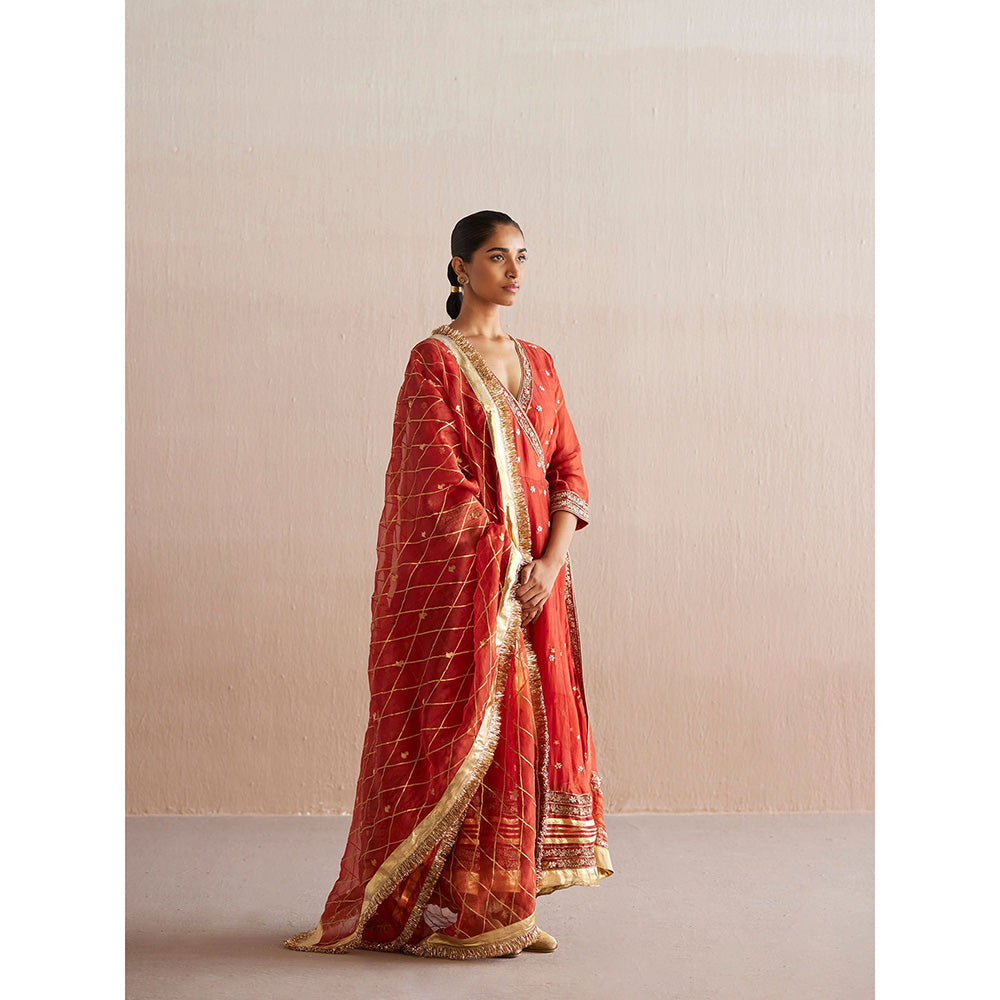 WeaverStory Nayaab Rust Orange Organza Angarkha with Tissue Pant and Dupatta (Set of 3)