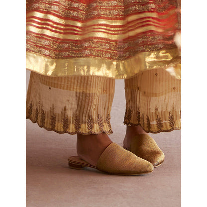 WeaverStory Nayaab Rust Orange Organza Angarkha with Tissue Pant and Dupatta (Set of 3)