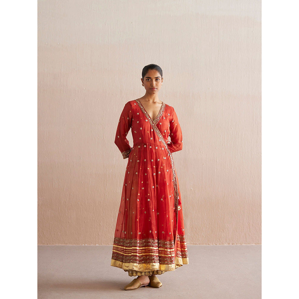 WeaverStory Nayaab Rust Orange Organza Angarkha with Tissue Pant and Dupatta (Set of 3)