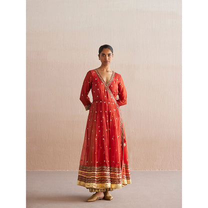 WeaverStory Nayaab Rust Orange Organza Angarkha with Cotton Tissue Pant (Set of 2)