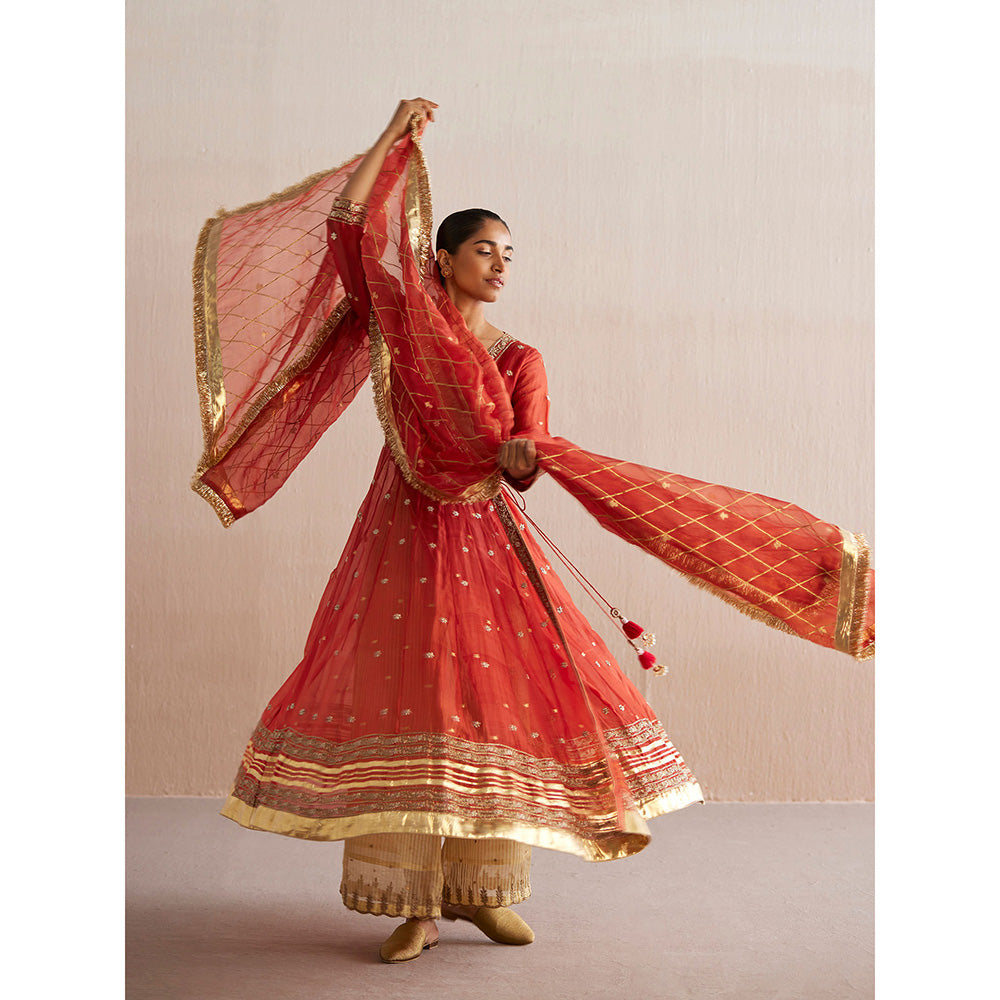 WeaverStory Nayaab Rust Orange Organza Angarkha with Cotton Tissue Pant (Set of 2)