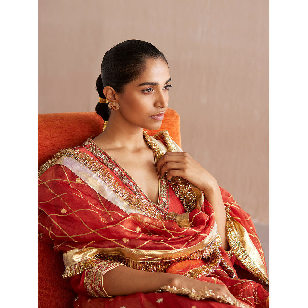 WeaverStory Nayaab Rust Orange Organza Angarkha with Cotton Tissue Pant (Set of 2)