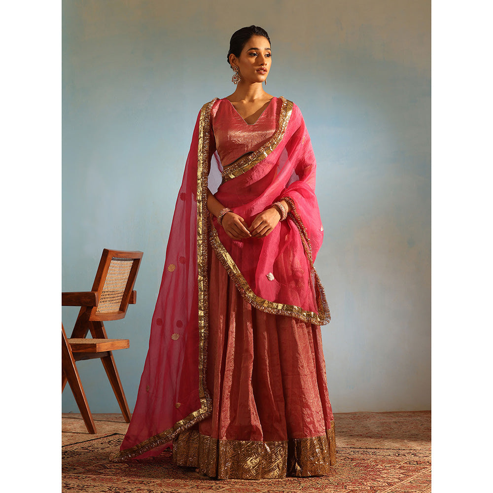 WeaverStory Pink Tissue Silk Lehenga with Choli and Organza Dupatta (Set of 3)